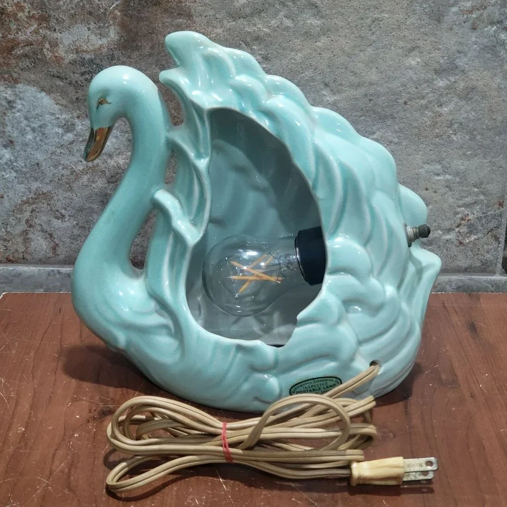 Vintage Gilded Blue Swan TV Lamp Night Light Ceramic